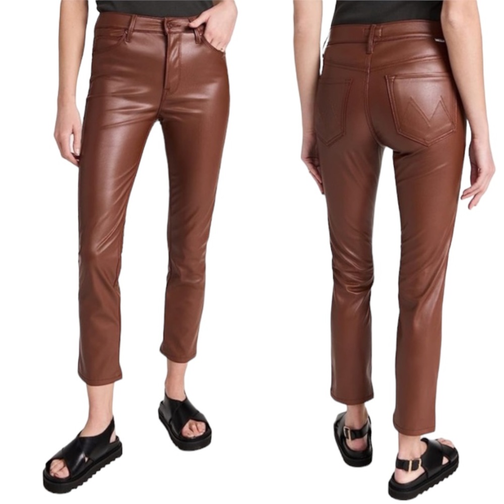 High-Rise Faux Leather Crop Pants - Brown